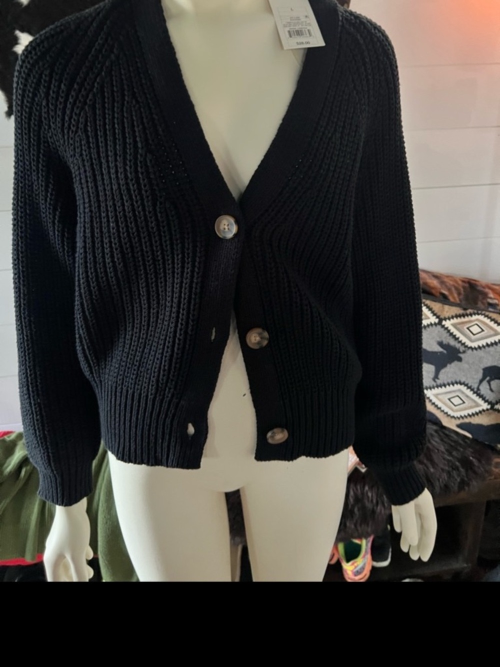 Black Ribbed V-Neck Button Cardigan Sweater, L